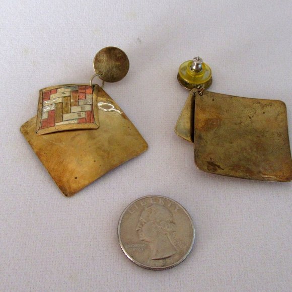 Brass, copper & silver toned basketweave earrings - Picture 7 of 7